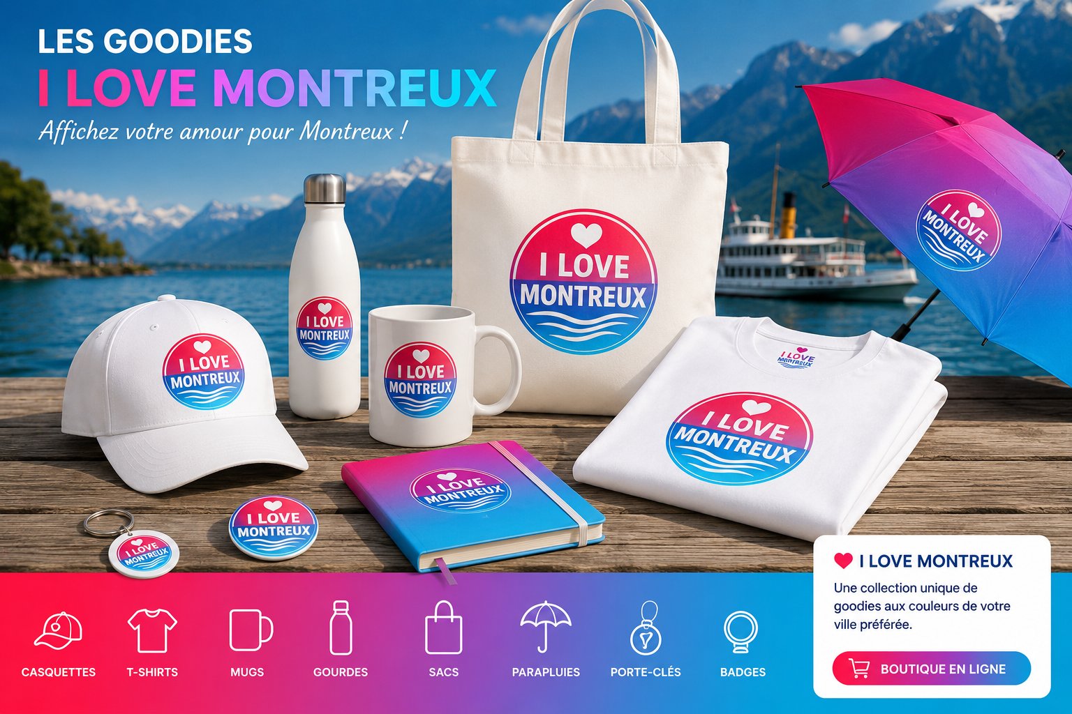 Les goodies I Love Montreux : casquettes, t-shirts, mugs, gourdes, sacs, parapluies, porte-clés et badges